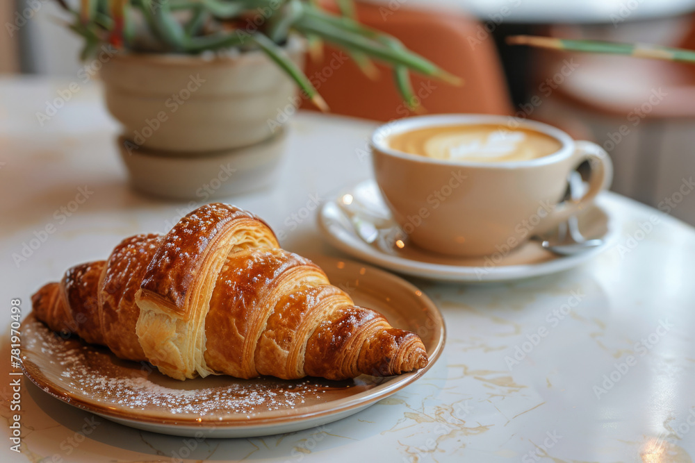Fresh croissant and cup of coffee on table in cafe during morning breakfast Fresh croissant and cup of coffee on table in cafe during morning breakfast