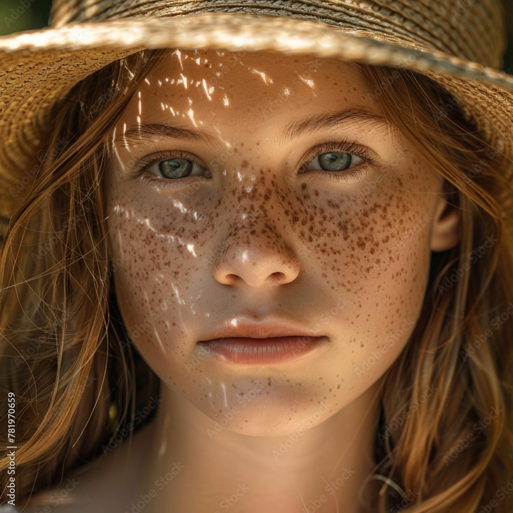 beautiful freckled girl in straw hat on summer day, portrait of a woman in a hat , sunlight, charming beautiful freckled girl in straw hat on summer day, portrait of a woman in a hat , sunlight, charming