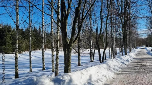 Frozen Keravanjoki river and bare trees next to snowy road in Finland photo