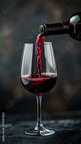 Red wine pouring from bottle into glass against dark background