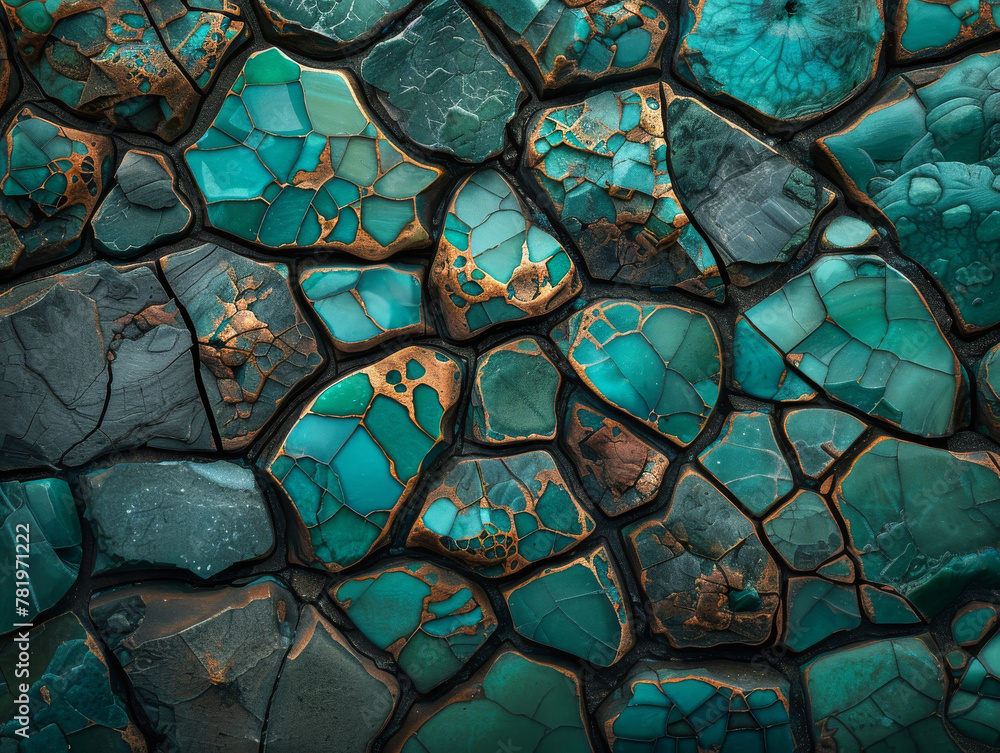 A stunning piece of art featuring intricate details of turquoise stones embedded in a mosaic of shattered debris.
