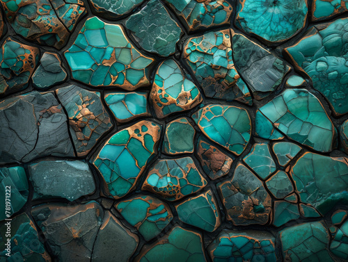 A stunning piece of art featuring intricate details of turquoise stones embedded in a mosaic of shattered debris.