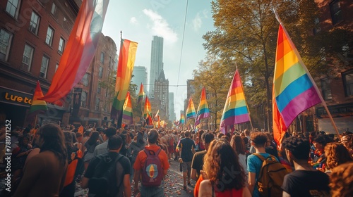LGBT pride: A crowd of people carrying rainbow flags in the street © Dmytro