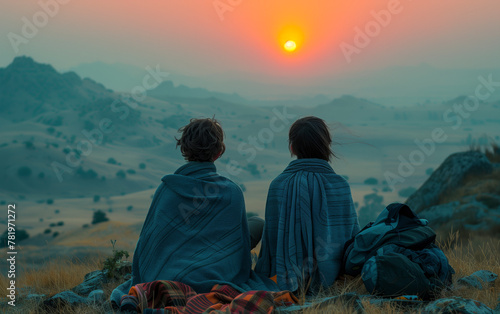 AI generated illustration of two people sitting on a hill, enjoying the sunset