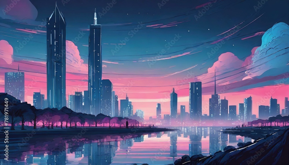 Panorama view of Outskirts of Metropolis at Sunset time, Blue and Pink color tone, Anime Style