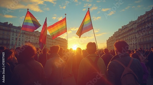LGBT pride: A crowd of people carrying rainbow flags in the street photo