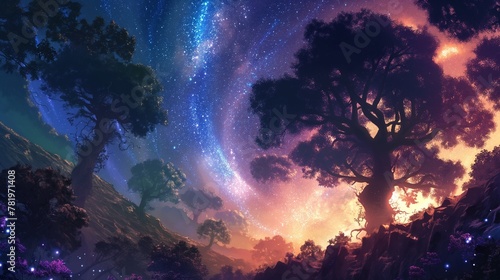 an illustration of a tree in the night sky and stars photo