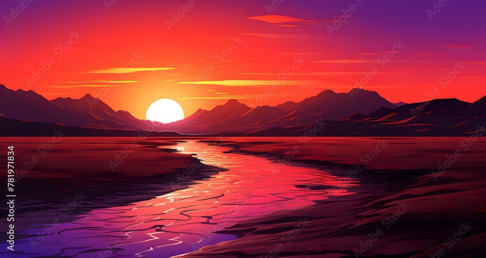 a sunrise over some mountains and a river in the desert