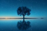 Serenity under the Stars: Lone Tree's Reflection. Concept Astrophotography, Night Sky, Reflection, Nature Photography, Solitude