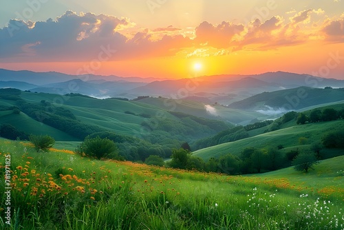 Luminous Dawn over Misty Hills. Concept Nature Photography, Landscape, Serene Scene © Anastasiia