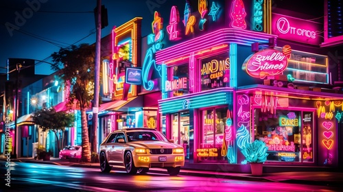 a car sits on the street in front of neon lights
