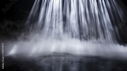 Abstract dance of fog and light on floor with black background