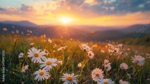 Beautiful spring landscape with white daisies in the meadow at sunset, with a beautiful sky and mountain background © EnelEva