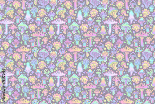 Seamless pattern of cartoon mushrooms in delicate holographic color