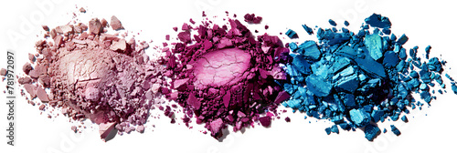 Colorful eye shadow powder crushed palette of makeup cosmetics, featuring three different colored eyeshades, isolated on a white background.