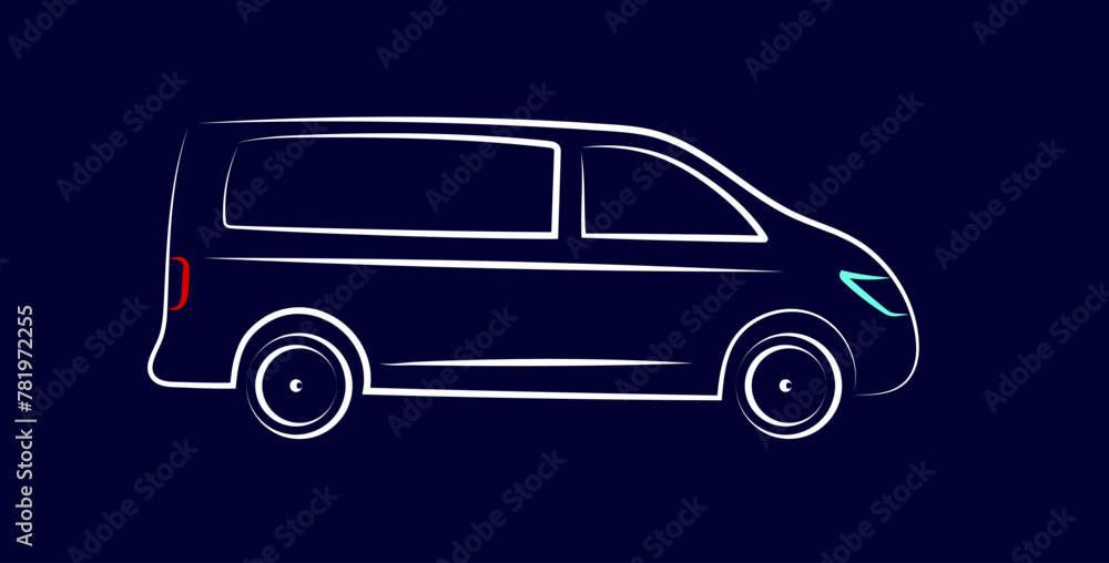 Modern minibus silhouette. White neon car silhouette on blue background for logo design, banner or marketing advertising. Vector illustration Modern minibus silhouette. White neon car silhouette on blue background for logo design, banner or marketing advertising. Vector illustration