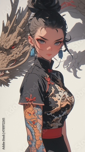 AI generated illustration of a young girl with tattoos in front of the dragon