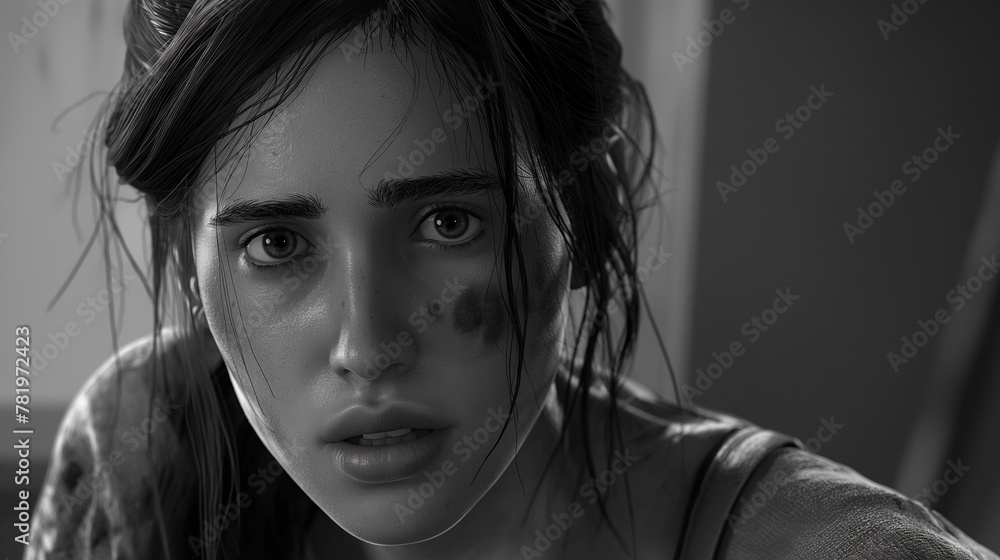 AI-generated illustration of a grayscale portrait of a girl with a worried expression on her face - obrazy, fototapety, plakaty 