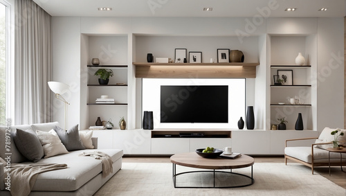 A white living room with a TV, couch, coffee table, and rug.   © Hammad