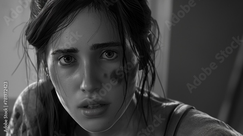 AI-generated illustration of a grayscale portrait of a girl with a worried expression on her face photo