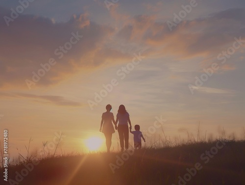 Happy family  young female family walking together to the sunrise  beautiful ambience