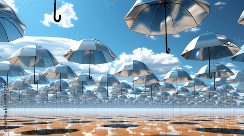 Illustrate a futuristic array of umbrellas in a digital photorealistic style, set against a clear blue sky for a striking contrast