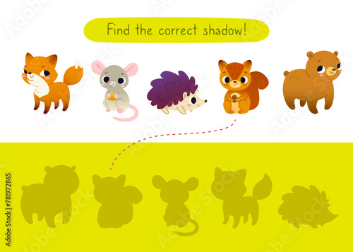 Mini game with cute woodland animals for kids. Find the correct shadow of cartoon forest animals. © Sonium_art