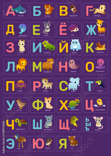 Cute russian alphabet for kids with funny animals. Abc learning poster with cartoon wild animals. © Sonium_art