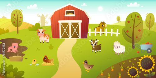 Cartoon farm landscape with cute domestic animals. Summer vector rural panorama with farm animals. © Sonium_art