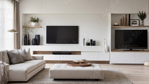 A creamy color living room with a TV  plants  coffee table  and couch.  