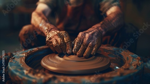 the hands are casting a clay vase on a wheel that looks to be pottery