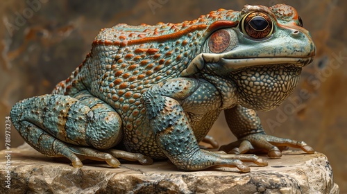 A blue and orange frog is sitting on a rock.