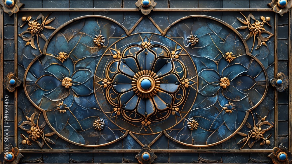 A highly detailed and ornate metal panel with a central flower surrounded by arabesques. The panel has a dark blue background with gold accents.