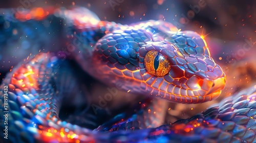 A glowing snake with blue and purple scales and an orange eye. photo