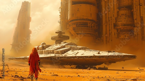 A lone figure in a red cloak walks towards an Imperial Star Destroyer in the desert