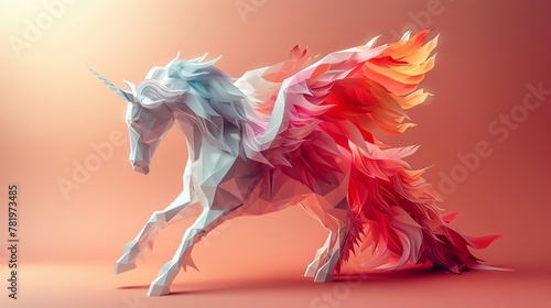 A majestic low poly white unicorn with rainbow wings made of fire.