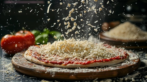 Grated mozzarella cheese gently falling over a tomato pizza base, embodying Italian cuisine photo