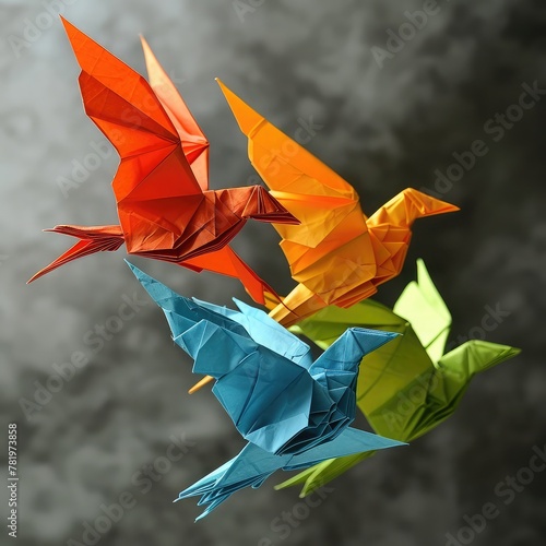 AI generated illustration of colorful origami birds