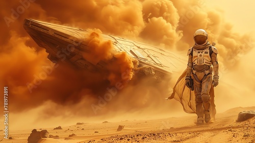 An astronaut walking on a desert planet with a crashed spaceship in the background