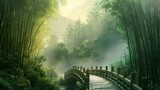 AI generated illustration of a wooden bridge over a creek amidst a misty forest