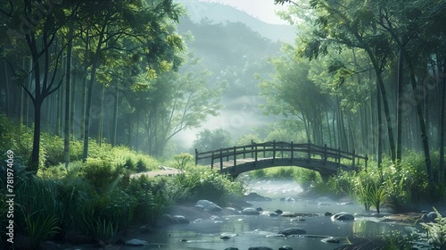 AI generated illustration of a wooden bridge over stream surrounded by lush green trees