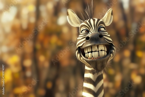 Close-up portrait of a zebra, smiling African zebra with all his teeth photo