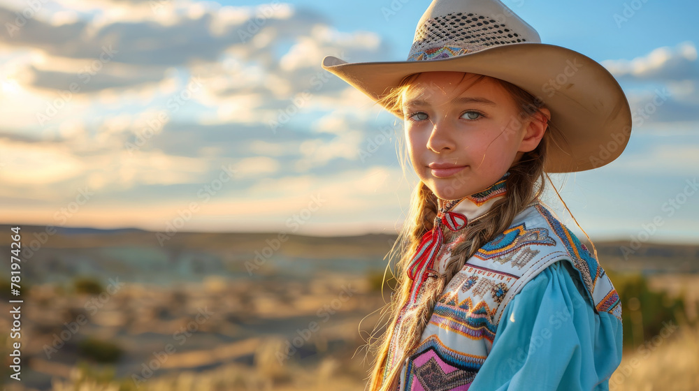 Portrait of an american teenager cowgirl wearing colorful cowboy clothes with nature landscape background