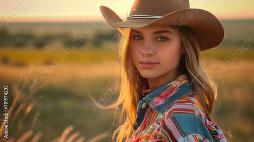 Portrait of an american teenager cowgirl wearing colorful cowboy clothes with nature landscape background photo