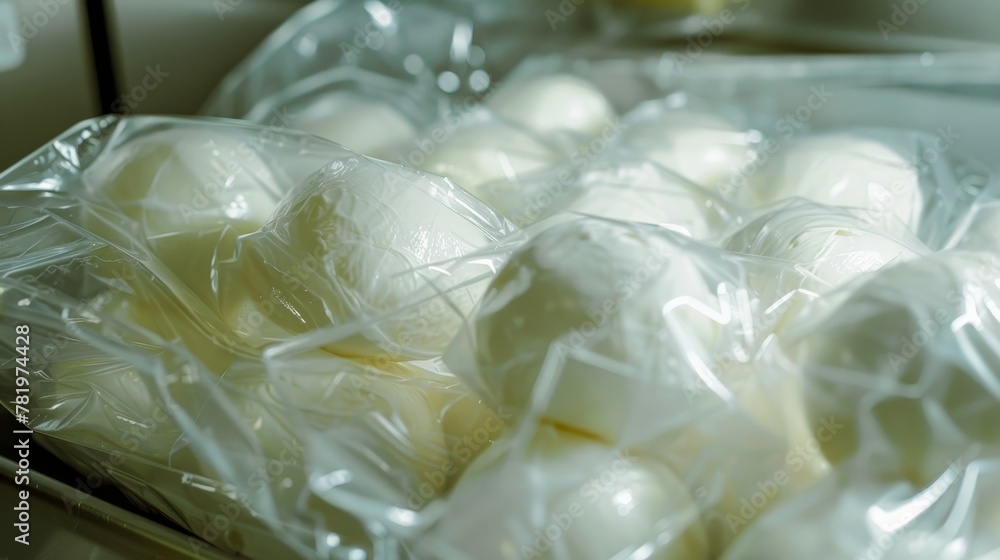 Close view of Buffalo mozzarella, its freshness sealed within a transparent plastic bag, inviting Close view of Buffalo mozzarella, its freshness sealed within a transparent plastic bag, inviting