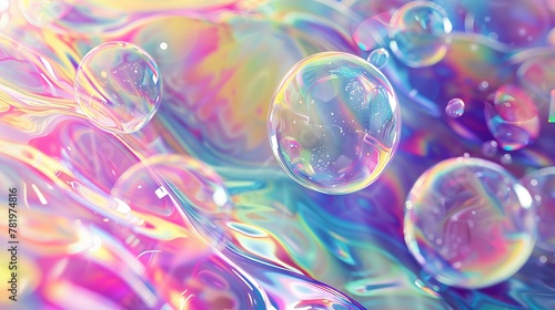 A 3D geometric abstract with soap bubbles, liquid rainbow blobs and fluid floating geometric shapes.