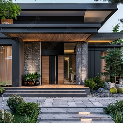 AI-generated illustration of a modern house porch with a glass door
