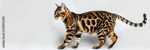 A tiger cat of the Suphalak breed is walking across a plain white background. The cats elegant movement is captured in a side view as it gracefully strides along.