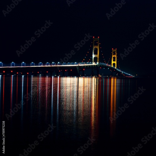 Beautiful shot of Mackinac Bridge illuminated by traffic lights, reflecting on a strait in Michigan photo