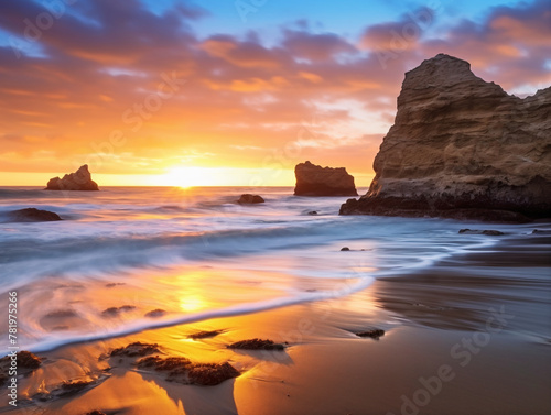 a sunset over the ocean and rock formations at the beach